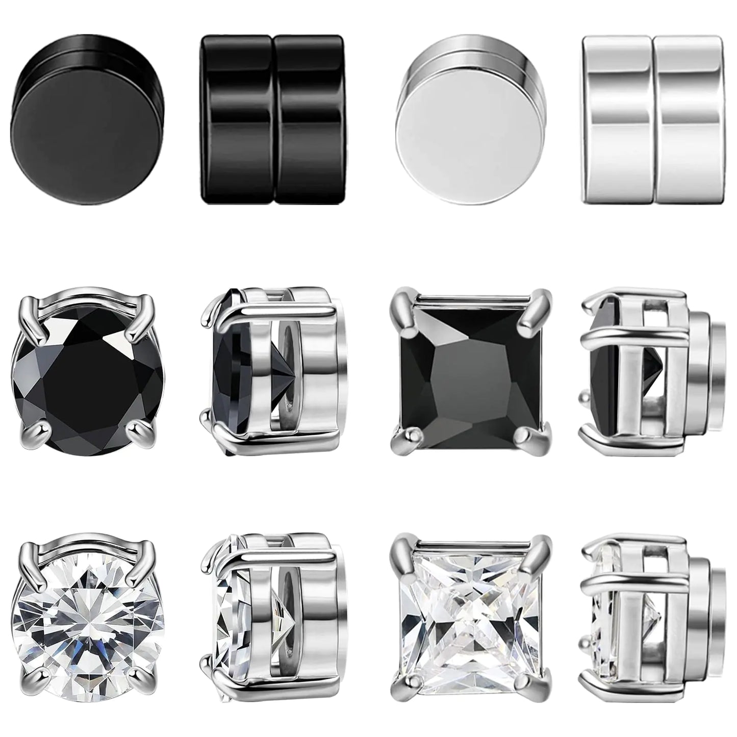NEWITIN 6 Pairs Stainless Steel Magnetic Stud Earrings for Men Magnetic Earrings Men Clip on Earrings Non Piercing Earrings Unisex CZ Magnetic Earrings Diamond Earrings for Women Men